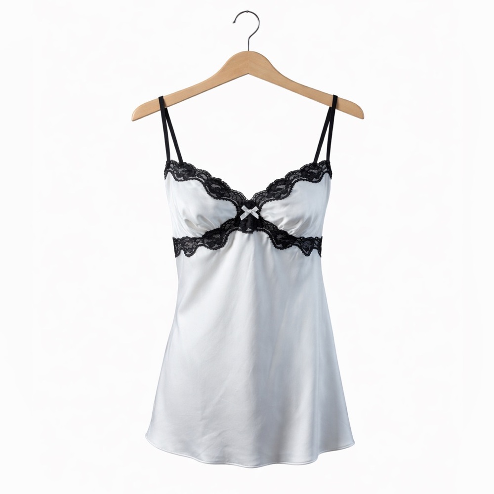 Victoria’s Secret Black White Satin Lace Chemise Medium NWT Lingerie Sexy
